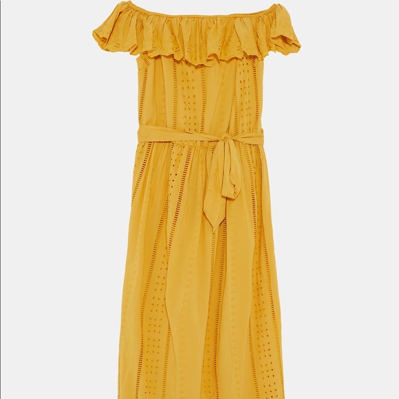 ZARA MUSTARD OFF THE SHOULDER EMBROIDERED MIDI FRILL DRESS SMALL NEW WITH TAGS - Picture 4 of 12